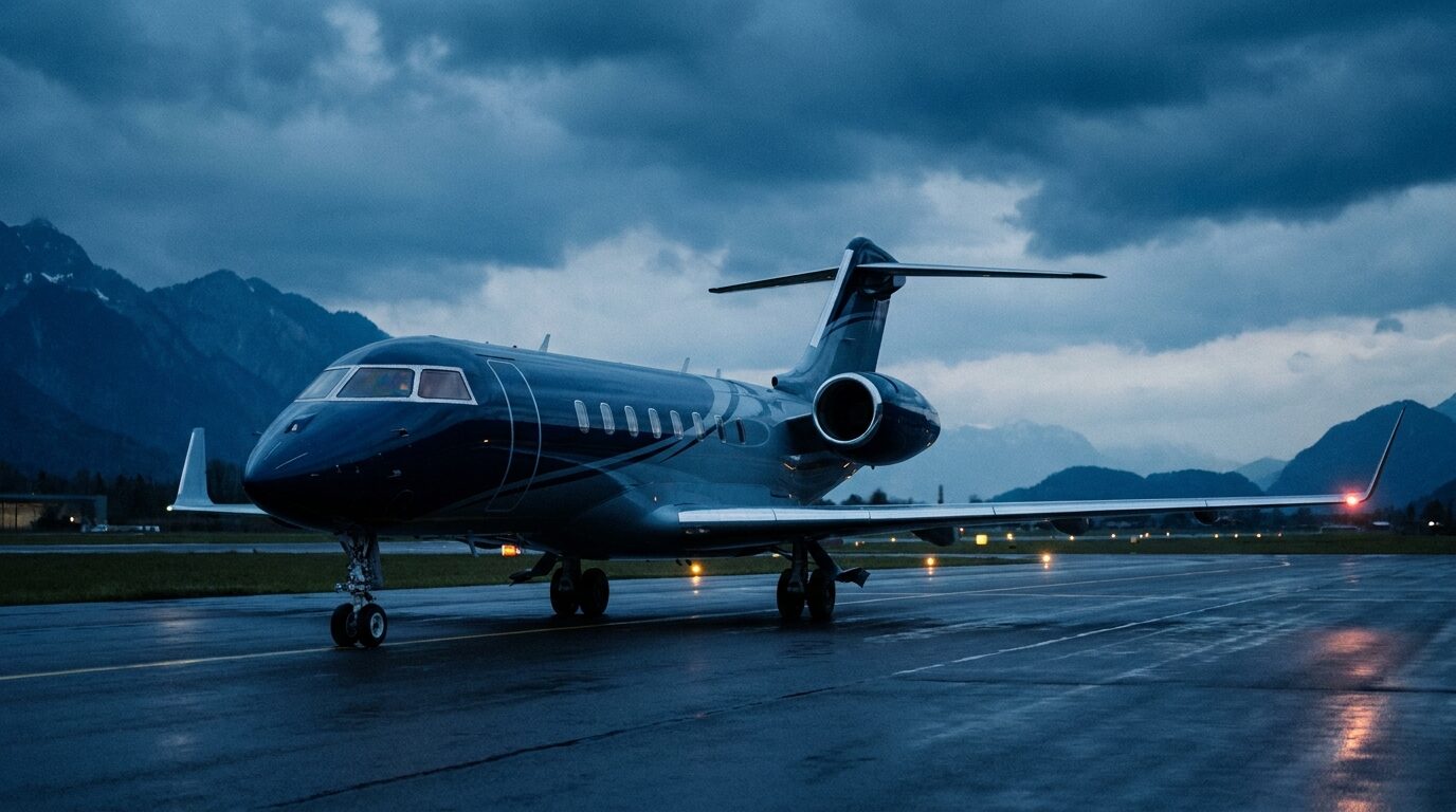 Business jet on the apron at blue hour, the Liechtenstein Alps behind it